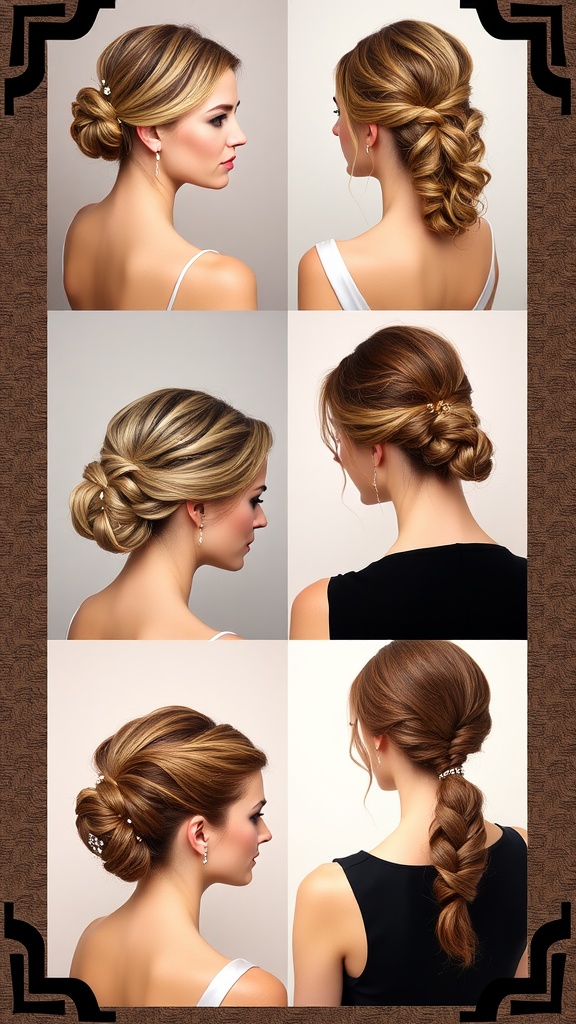 Elegant Dinner Hairstyles for Every Occasion Collage of elegant dinner hairstyles including a classic bun, loose waves, half-up half-down, braided updo, and sleek ponytail.